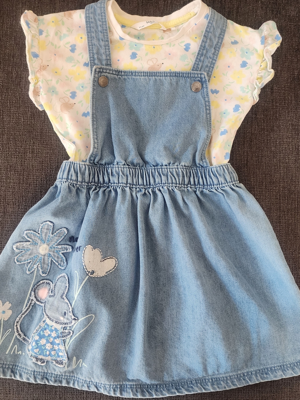 M&S Mouse Flower Nature Lover Denim Overall Dress & T-Shirt, Cottage Girls 2-3 Y
